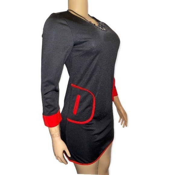 Vintage Mod Mini Dress Black Pockets Color Block Scoop Neck red piping size L - Picture 7 of 17